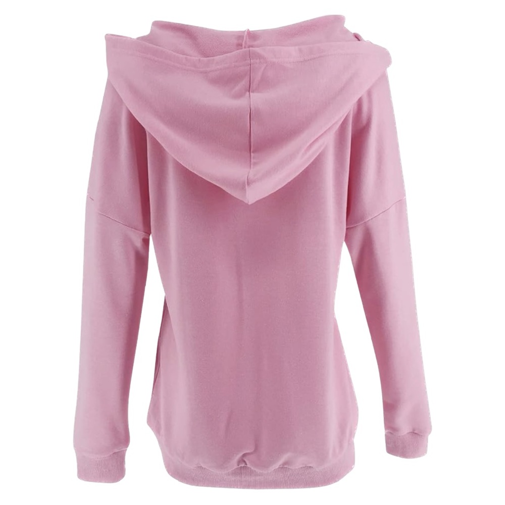 Pink Hooded Half Button Drop Shoulder Long Sleeve Pullover Sweatshirt - Picture 5 of 9